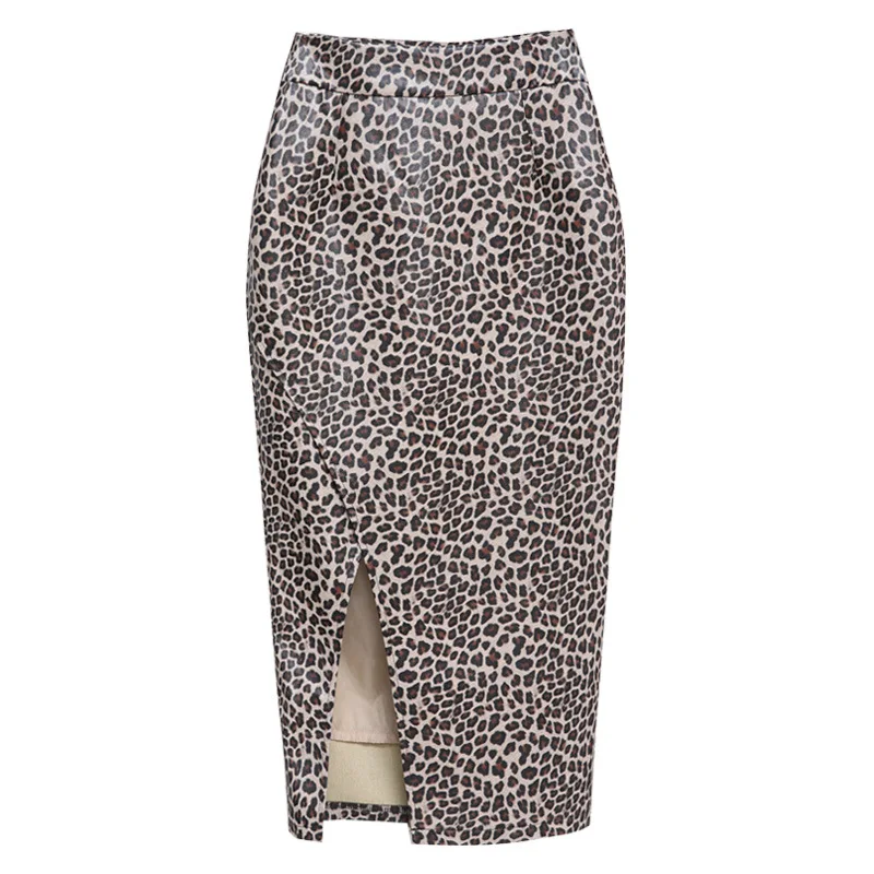 

Women High Quality Faux Leather Skirt Front Split Leopard Print Long Pu Leather Skirts Women Bodycon Midi Pencil Skirt Plus Size