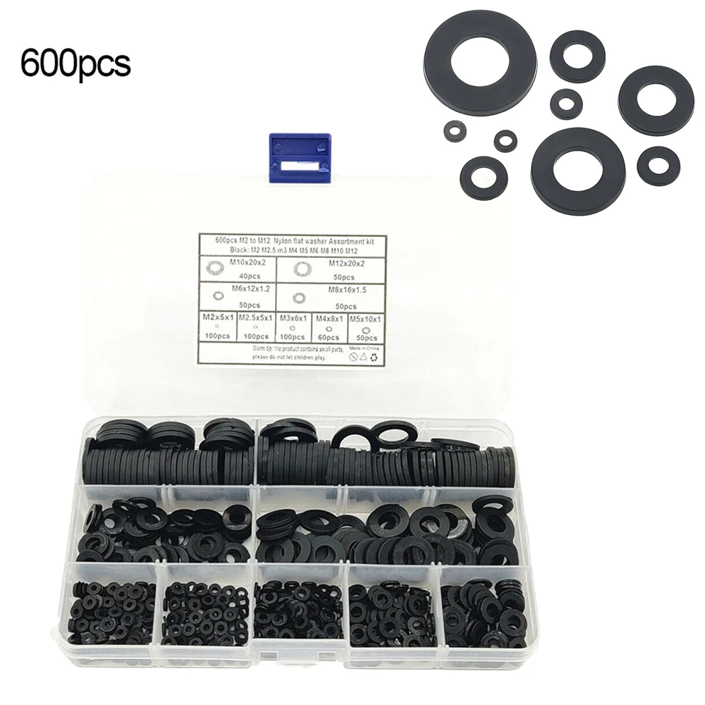 

600PCS Black Plastic Nylon M2/M2.5/M3/M4/M5/M6/M8/M10 Flat Washers Insulation Spacer Seals Washer Gasket Ring Kit with box