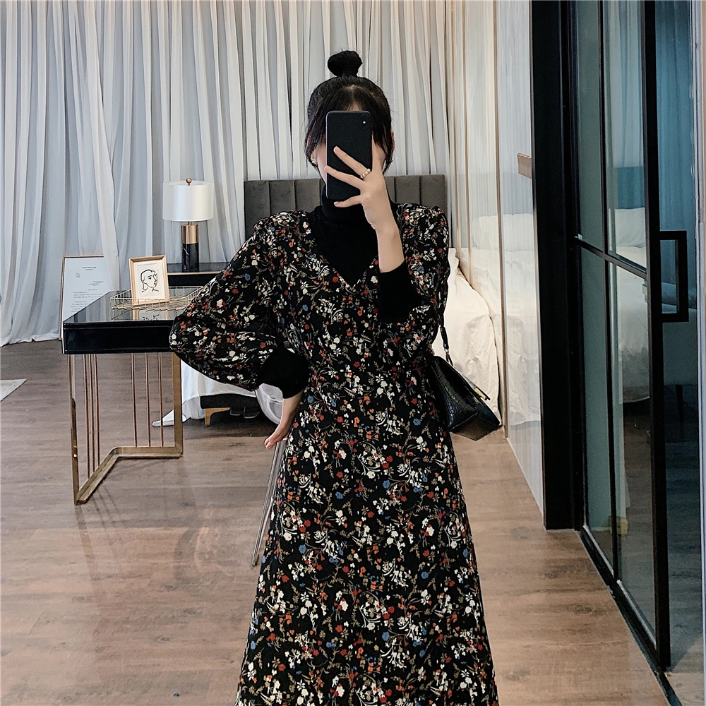 

spring and winter thick floral high-necked dress fake two pieces elegant long flower basic dresses female