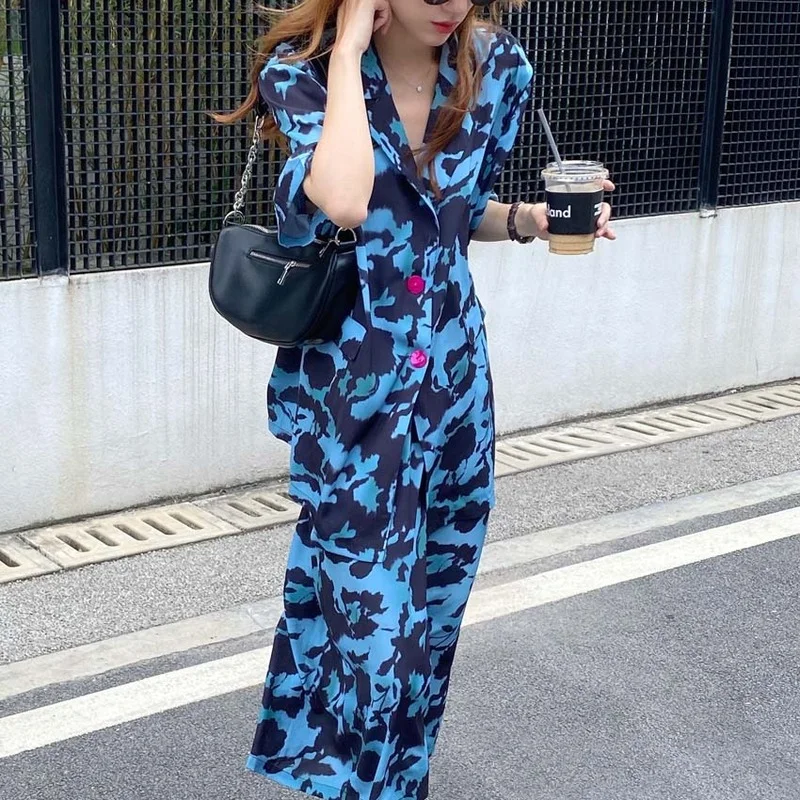 

Korejepo Women Two Piece Set 2021 Summer New Retro Tie Dye Printed Suit Collar Short Sleeve Shirt Female Mid-length Skirt Suit