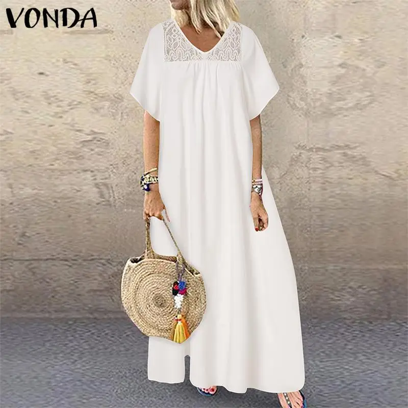 

VONDA Women Half Sleeve V Neck Long Dress Vintage Lace Patchwork Holiday Plain Dresses Bohemian Vestidos Sundress