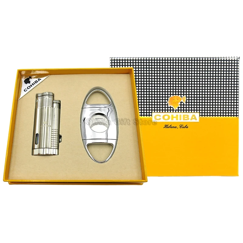 

COHIBA 3 Jet Flame Metal Cigar Cigarette Lighter W/Cigar Punch Guillotine Cutter Tobacco Butane Gas Lighter Gift Set