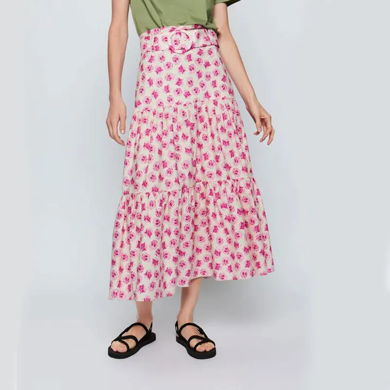 Женская длинная юбка с поясом на завязках клетчатая Свободная трапециевидной