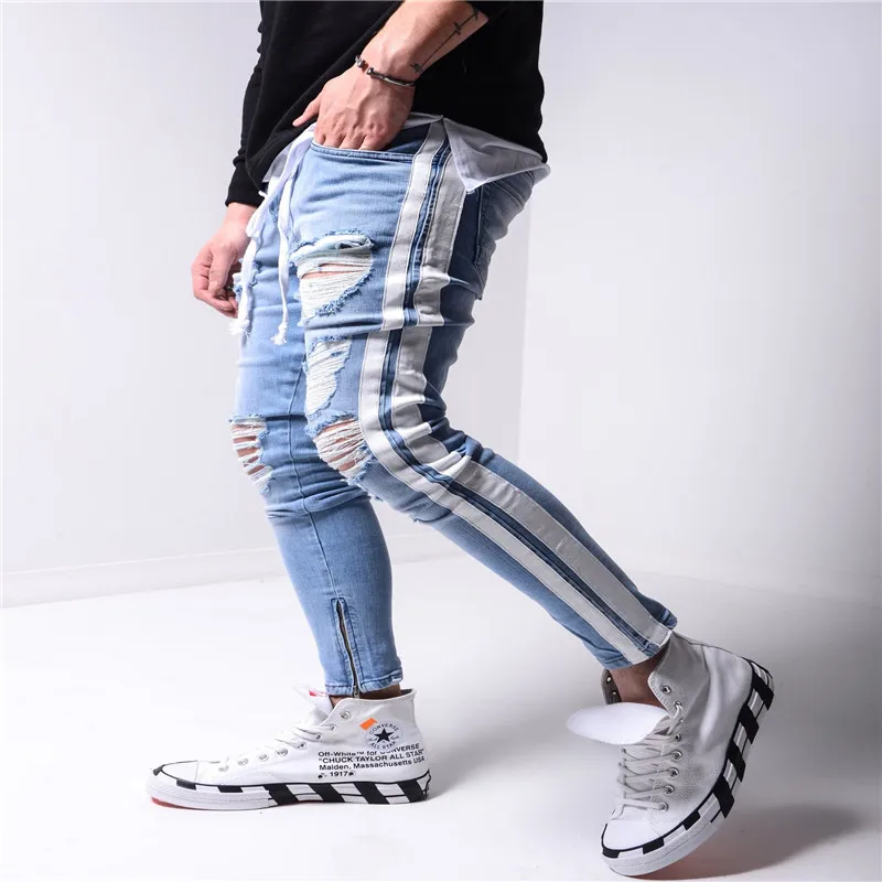 Men's Trousers Large Size Broken Hole Slim Blue Grey Casual Fashion Versatile Micro-Elastic Waist Tight Jeans