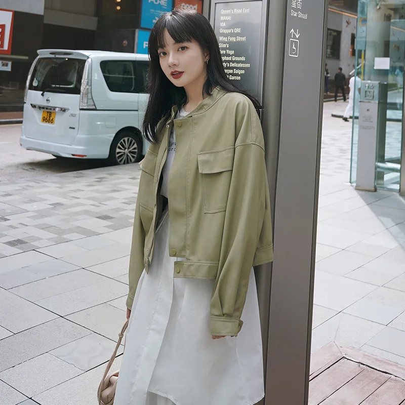 

Зеленое кожаное пальто Qiuguo для женщин a