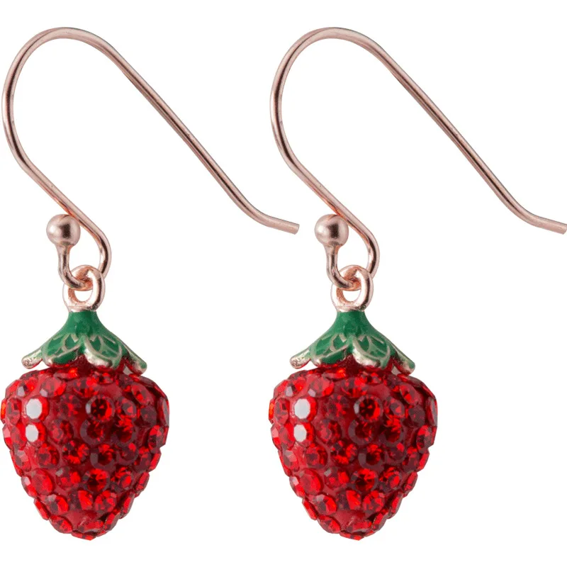

100% 925 Sterling Silver Red Cubic Zirconia Strawberry Shape Rose Gold Color Statement CZ Dangle Drop Earrings for Women