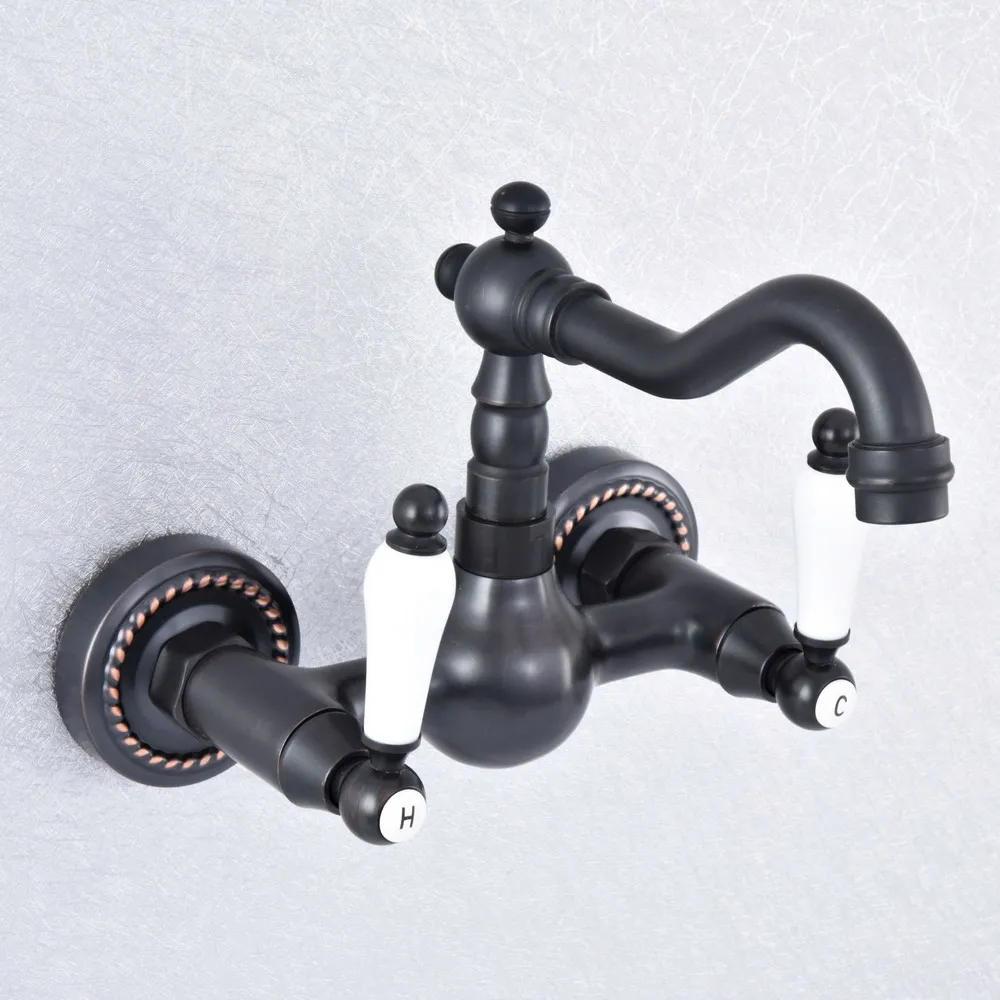 

Oil Rubbed Brass 2 Ceramic Handle Two Hole Wall Mounted Kitchen Bathroom Basin Faucet Sink Mixer Taps Swivel Spout 360' dsf716