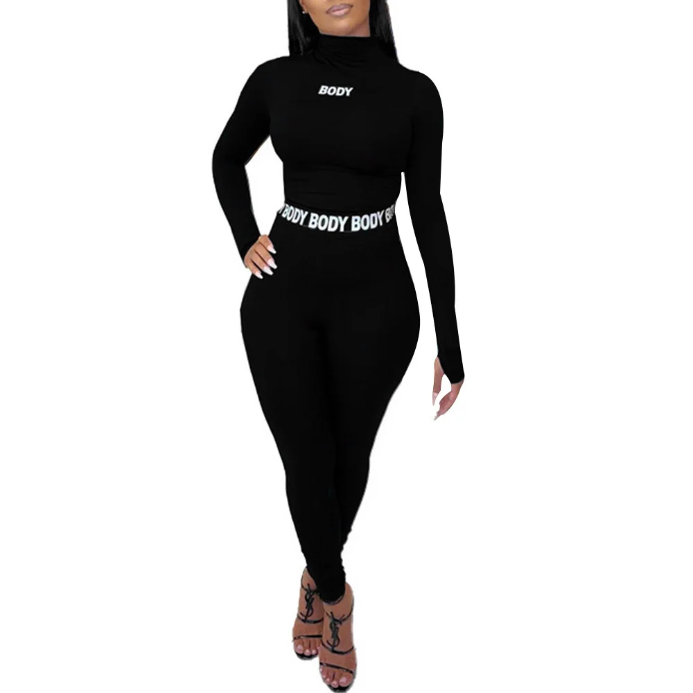 

High Collar Women Bodycon Solid Color Suits Letter Printed Long Sleeve Short Pullovers Long Leggings Femme Slim 2-Piece Sets D30