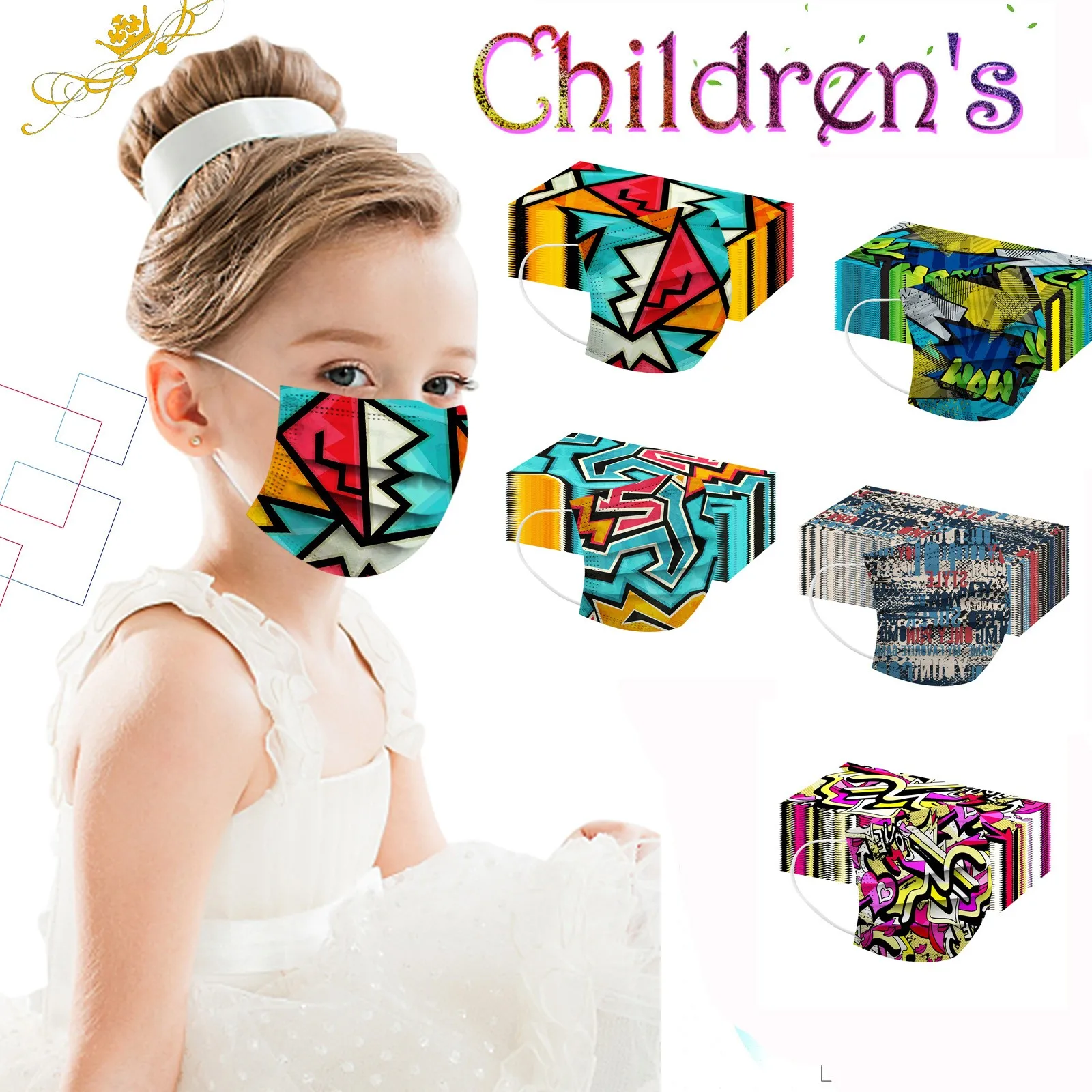 

6-12 Years Old Mask 50PCS Graffiti Maschera facial Children Face Mask Printing mascara 3Ply Disposable Ear Loop masque Cosplay