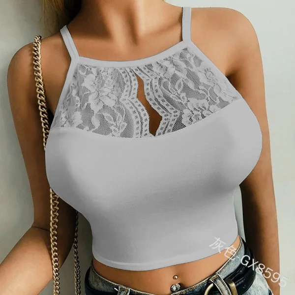

Mandylandy Spaghetti Strap Camis Women's Sexy Lace Stitching Hollow Out Short Top Summer O-Neck Backless Solid Color Camis