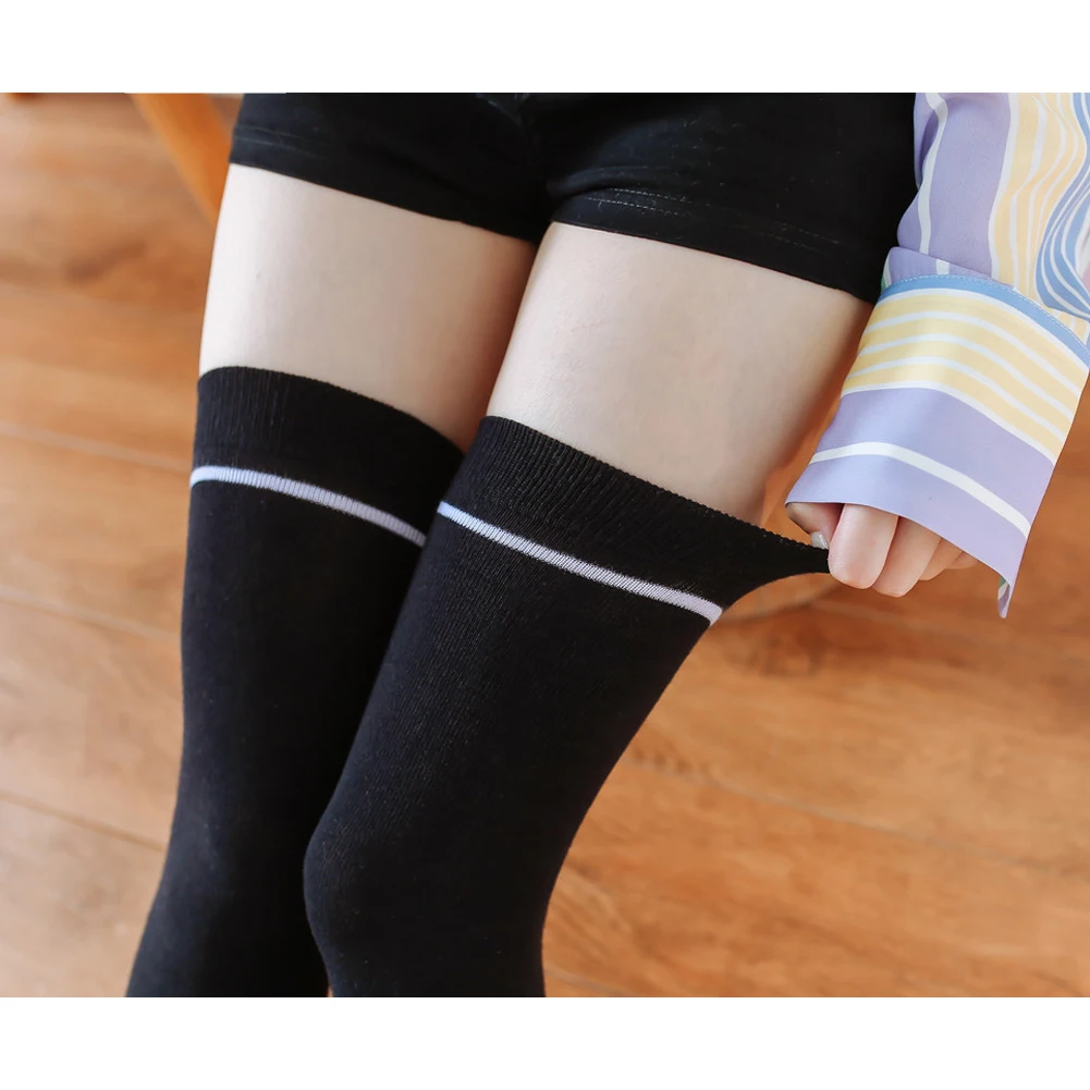 Мягкие полосатые женские чулки выше колена теплые студенческие хлопковые