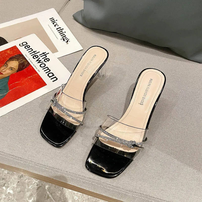 

Rhinestone Pvc Jelly Shoes Women Summer Thick Heel Slides Casual Shoes 2021 New Female Fashion Slippers High Heels Slides Out