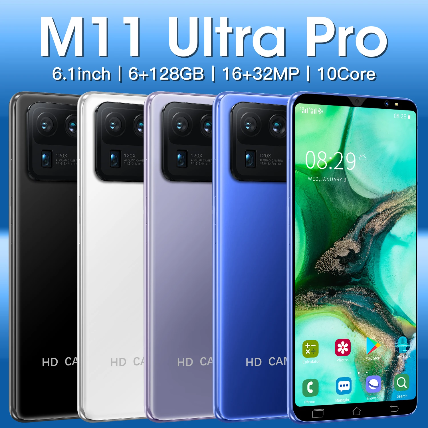 

M11 Ultra Pro Smartphone 6.1 HD+ Display Screen 32MP Camera Android 10.0 Dual SIM Card Telephone 4800Mah Battery 4G5G LTE Phone