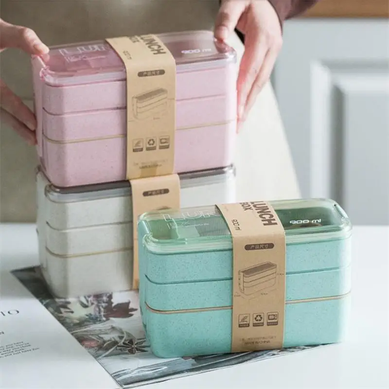 900 мл 3 х слойная коробка Bento экологичный Ланч бокс Пшеничная солома посуда для