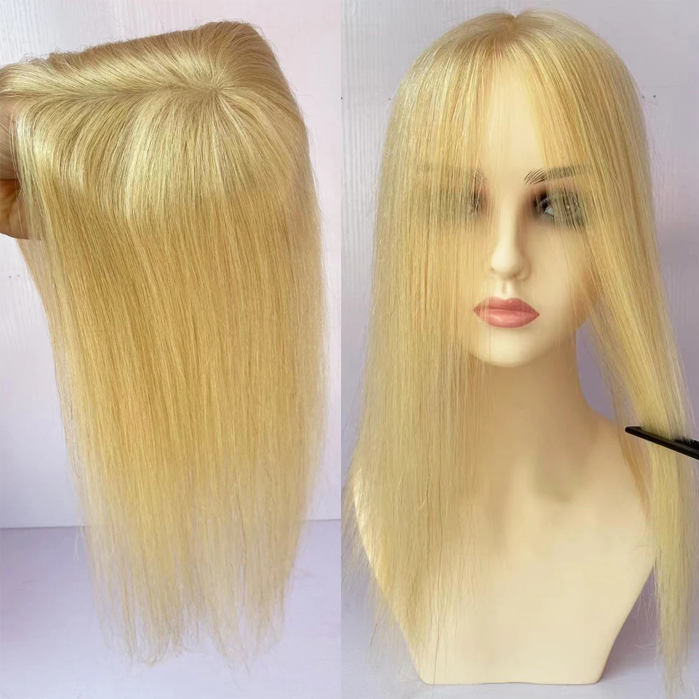 Light Blonde Human Hair Topper with Clips in Hairpiece Skin Scalp Silk Top Closure Virgin Hair Toupee for White Women Color #613