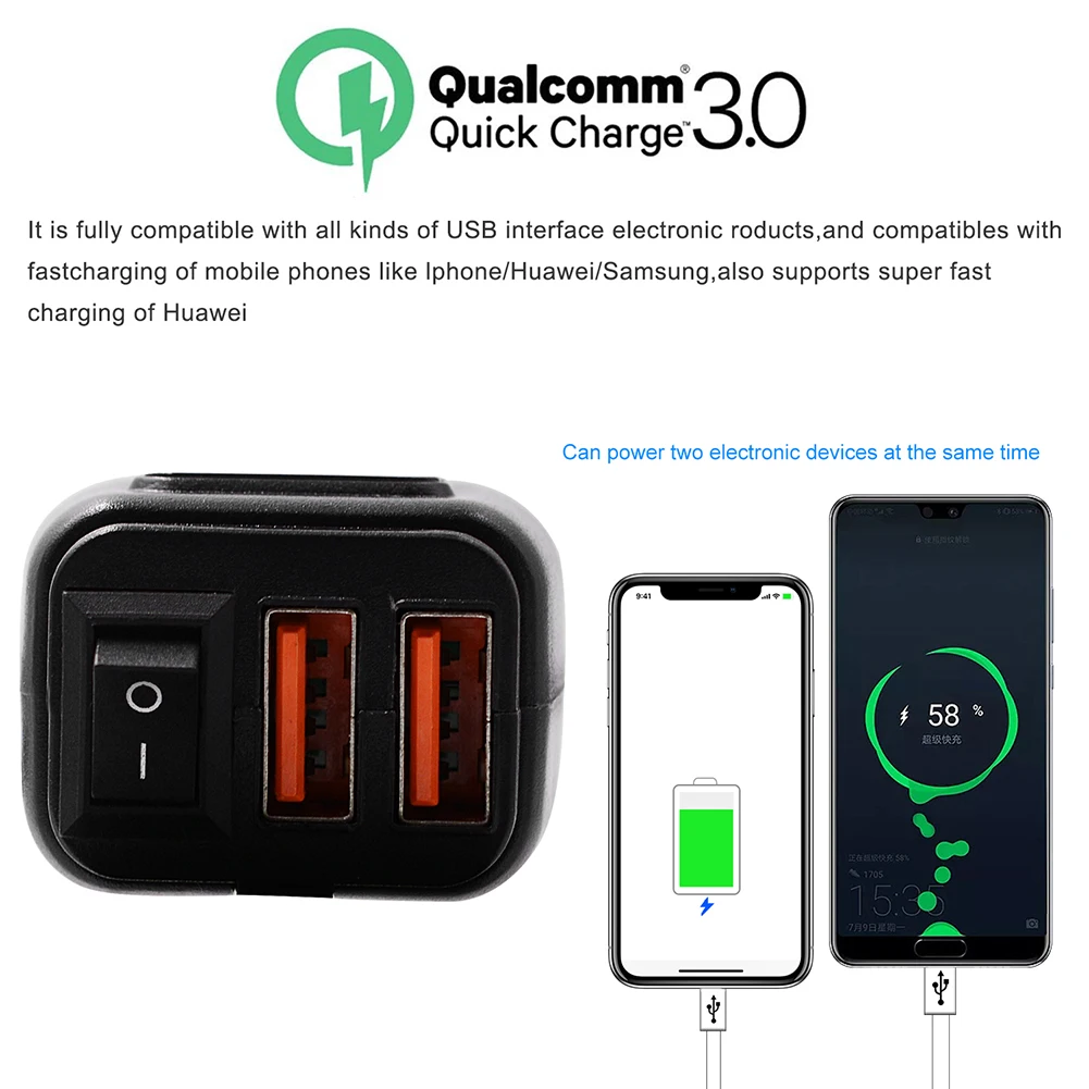 Зарядное устройство для мотоцикла Dual QC3.0 быстрое зарядное устройство 12 В Автомобильное зарядное устройство с переключателем и цифровым Вольтметр для iphone samsung huawei