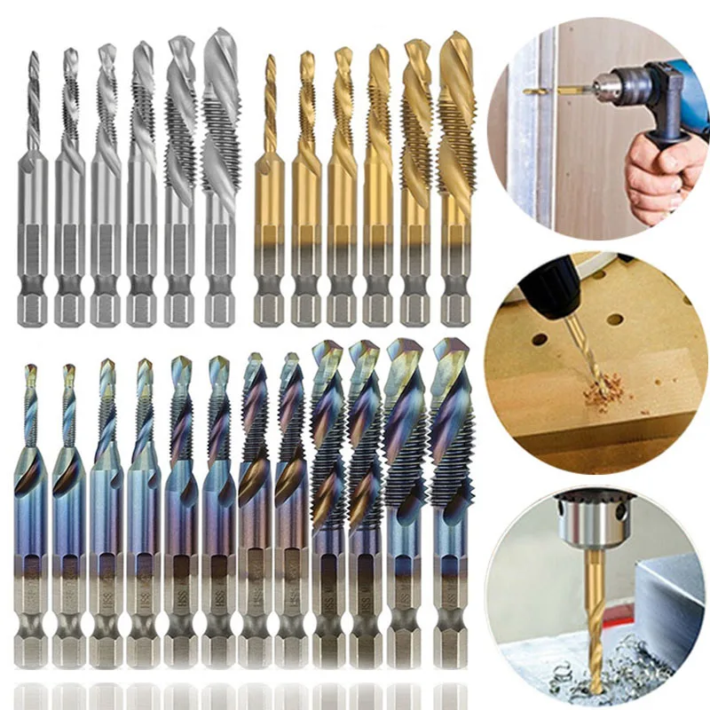 

HSS Screw Metric Thread Tap Drill Bits Set Titanium Plated Hex Shank Screw Machine Compound Tap Metalworking Hand Tools 6Pcs