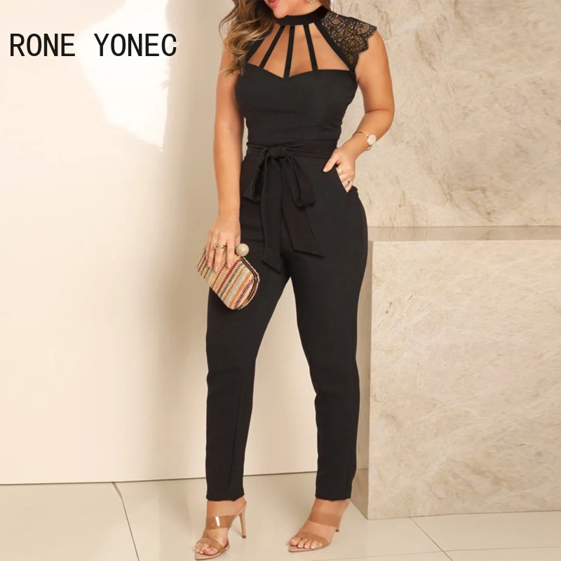 

Женский однотонный элегантный Облегающий комбинезон-карандаш с кружевной отделкой и поясом