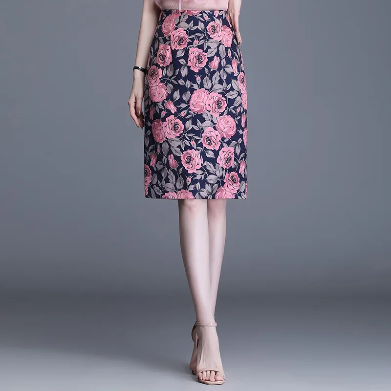 

Summer New Floral Slim Pencil Skirt for Women Fashion Elegant Zipper High Waist Ladies Knee-length Bodycon Skirts 0113