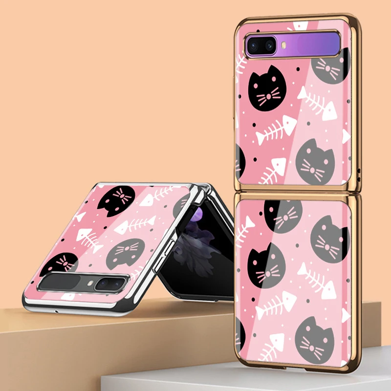 

Z Flip 3 Funda Case for Samsung Galaxy Z Flip 3 Z Fold 3 Cartoon Black Cat Fish Bones Plating Tempered Glass Phone Case Cover