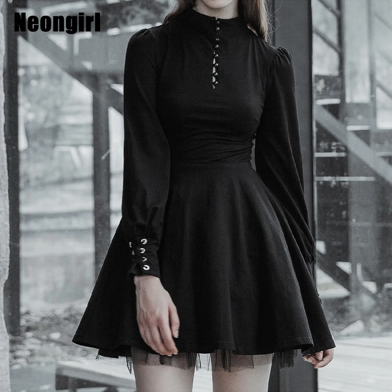 

Черное винтажное готическое платье для новорожденных, женское плиссированное платье трапециевидной формы, с высокой талией, на пуговицах, ...