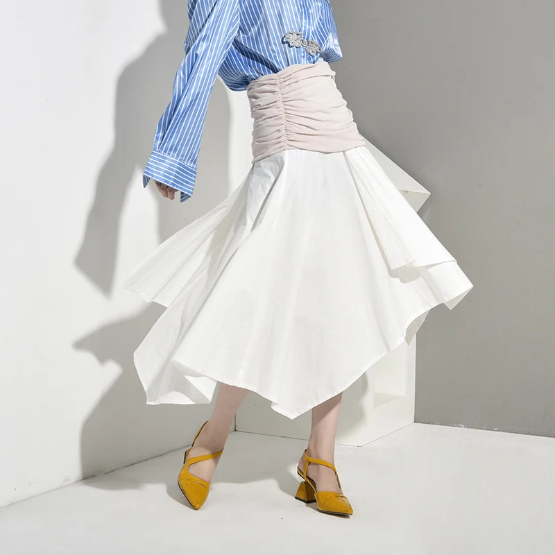 [EAM] белая Асимметричная плиссированная юбка средней длины с разрезом на талии, черная женская модная одежда, Новинка весна-осень JT2060