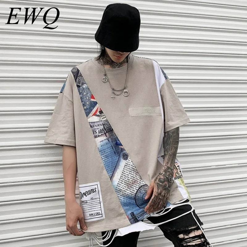 EWQ/мужская одежда high Street 2020 летняя Корейская футболка в стиле хип хоп с буквенным