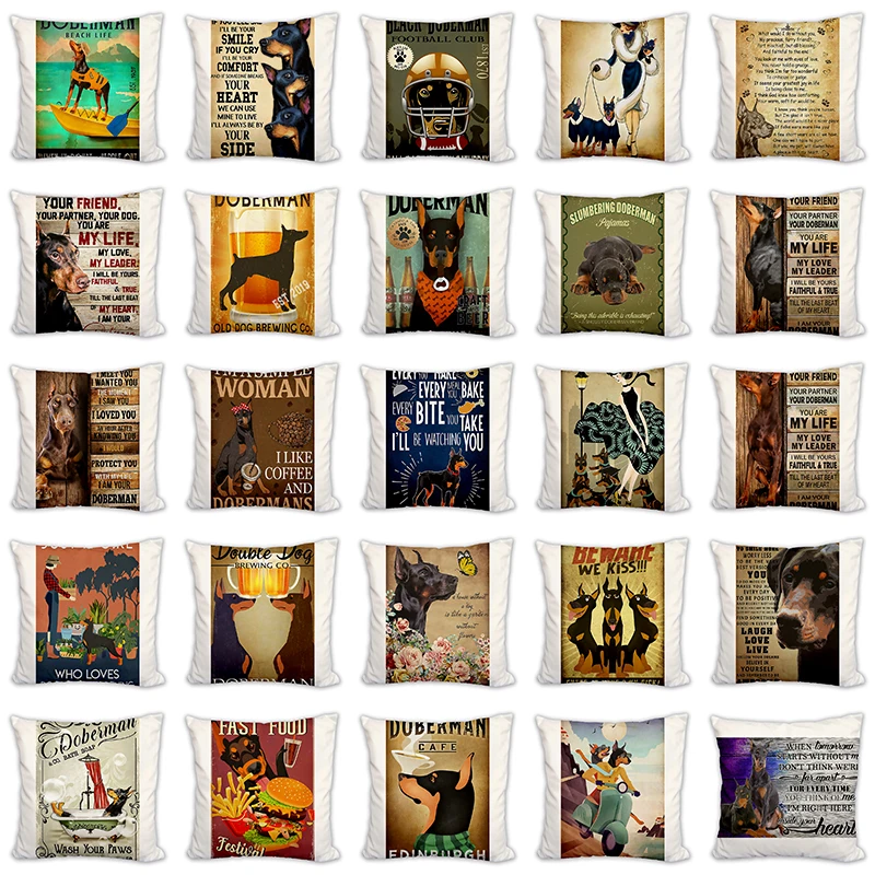 

Чехол с рисунком собаки для дивана, подушки, домашний декор, Постер Doberman из хлопка и льна 45*45 см, диванные подушки