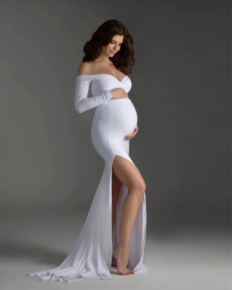 V-neck Hem Slit Tail Dress Long Dress Photography Dress Chiffon Cape Maternity Party Dress Pregnant Woman Dress