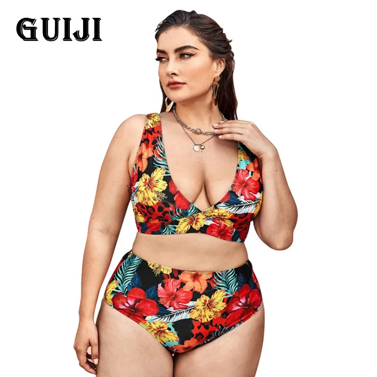 

[Guiji】ready Stock 2021 новый стиль раздельный купальник с принтом женский купальник большого размера толстые сексуальные женские бикини с высокой ...