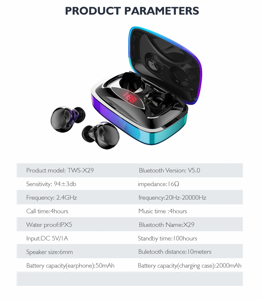Arlado X29 градиентные беспроводные bluetooth-наушники портативные сенсорные наушники с 2000 мАч Мощный светодиодный дисплей Спортивная гарнитура
