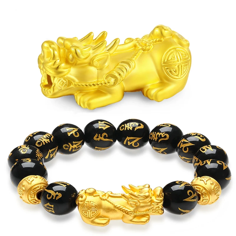Obsidian Stone Beads Bracelet Unisex Wristband Gold Black Pixiu Bring Wealth and Good Luck Chinese Feng Shui Men Women Bracelets images - 6