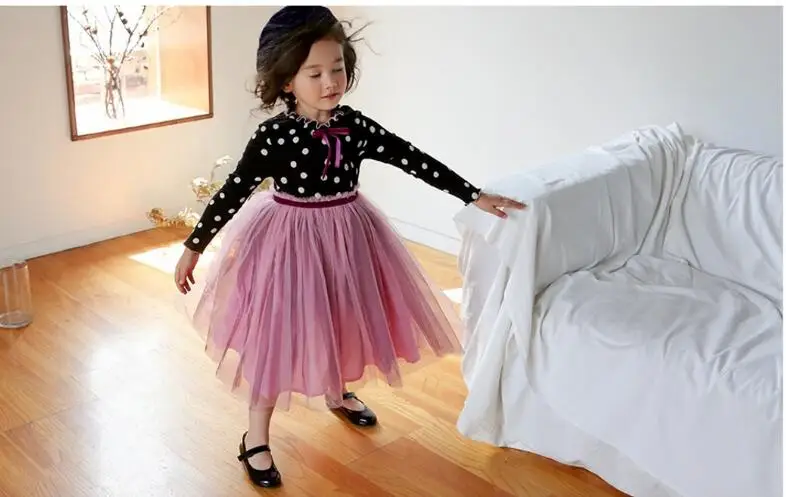 2019 New Children Baby Fall Dot Mesh Dresses Girls Princess Elegant Clothes 6 pcs/lot Wholesale | Детская одежда и обувь