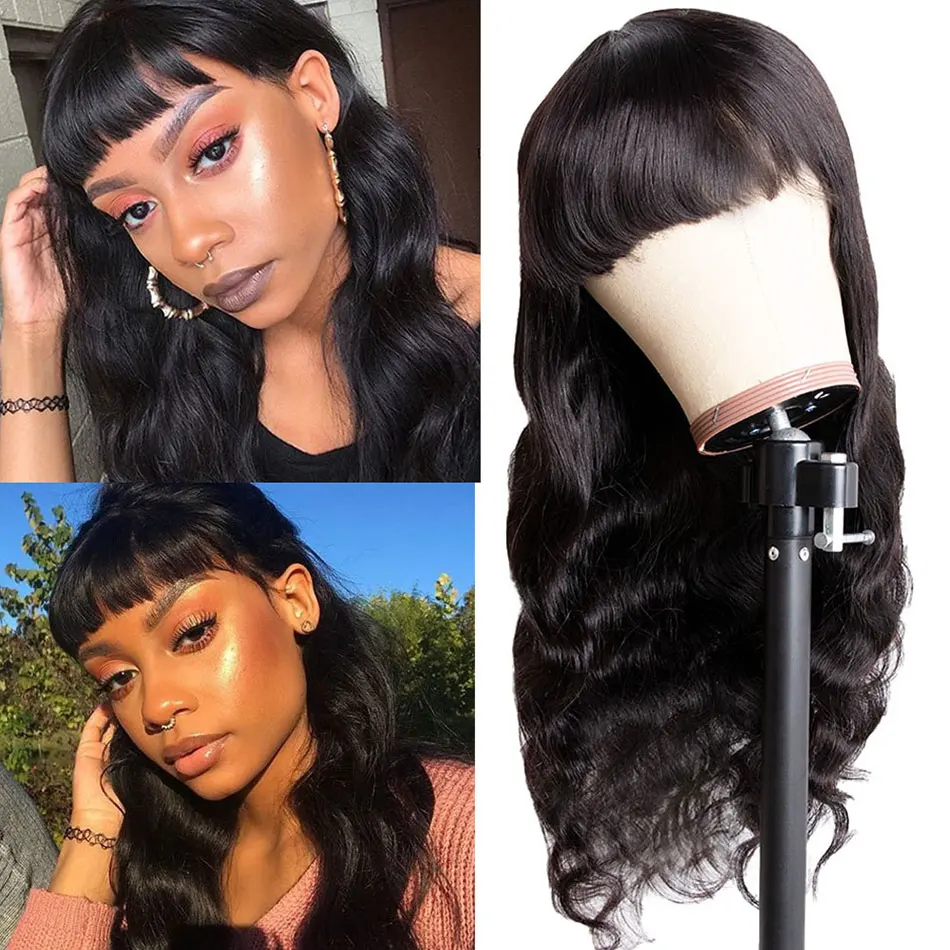

Brazilian Full Machine Made Wig With Bangs Long Body Wave Human Hair Wig Natural Head Spin No Lace Wig With Bang Full Fringe Wig