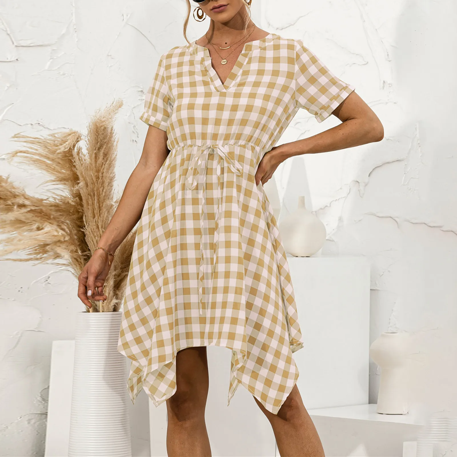 

dresses for Women's Casual Fashion V-Neck Lattice Print Short Sleeve Patry Mini Dress vestido de mujer