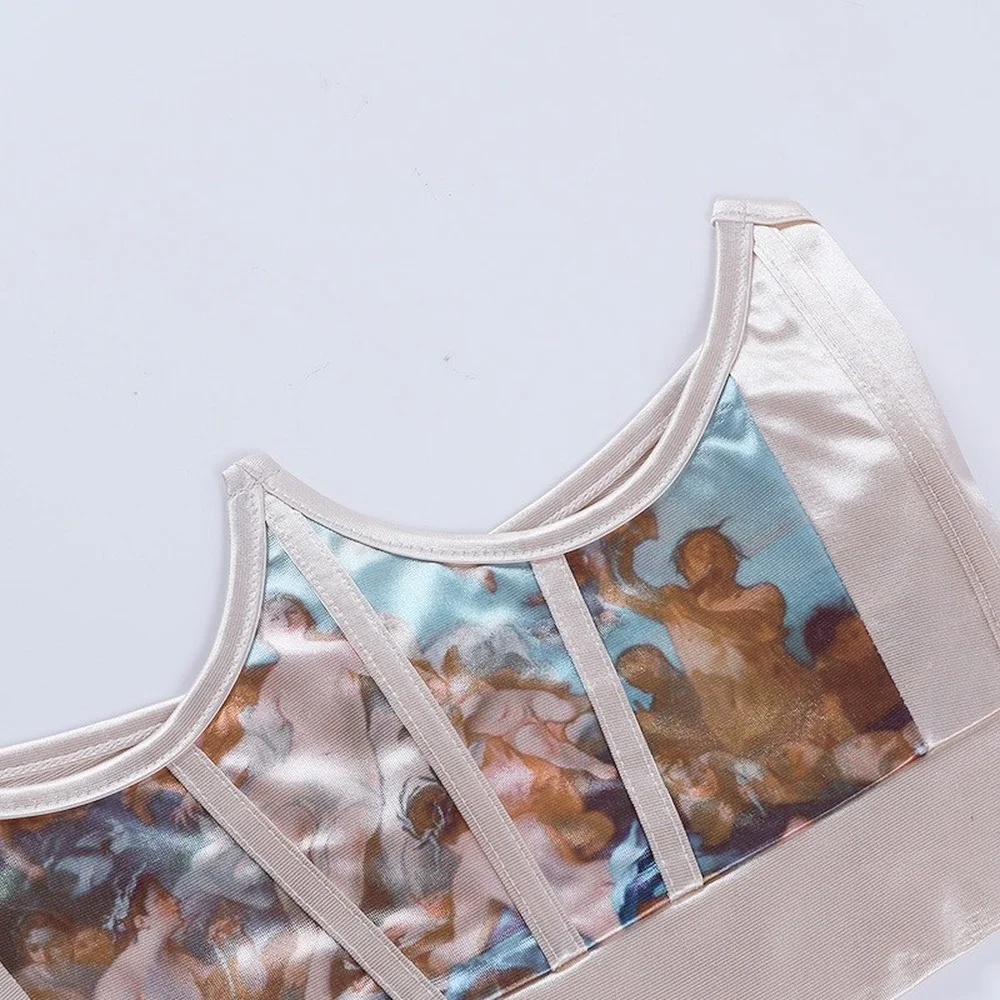 

2021 European Vintage Print Patchwork Fishbone Crown Corset Top Y2K Summer Women Sexy Wild Outer Corset Streetwears Paty Outfits