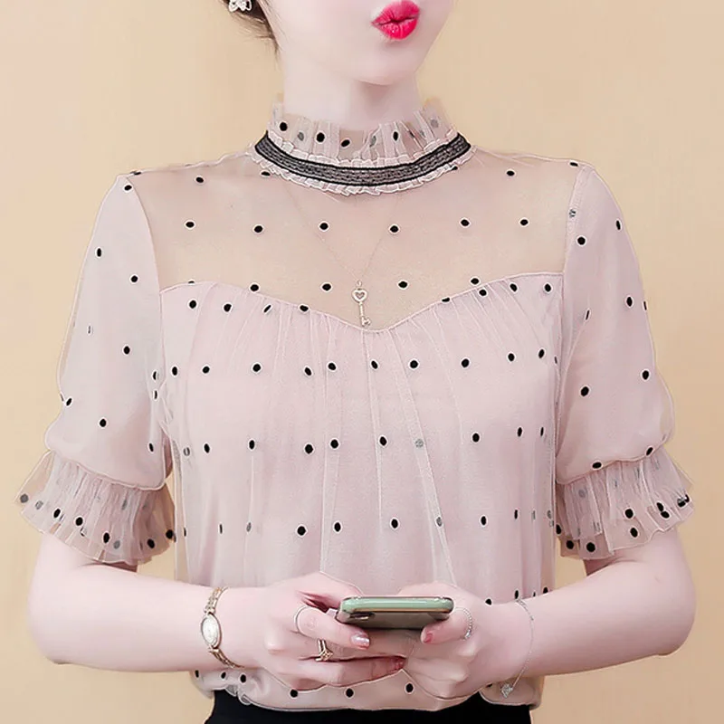 

Blusas Mujer De Moda 2021 Blouse Women Short Sleeve Summer Blouse Shirt Women Tops Stand Collar Dot Chiffon Blouse Shirts