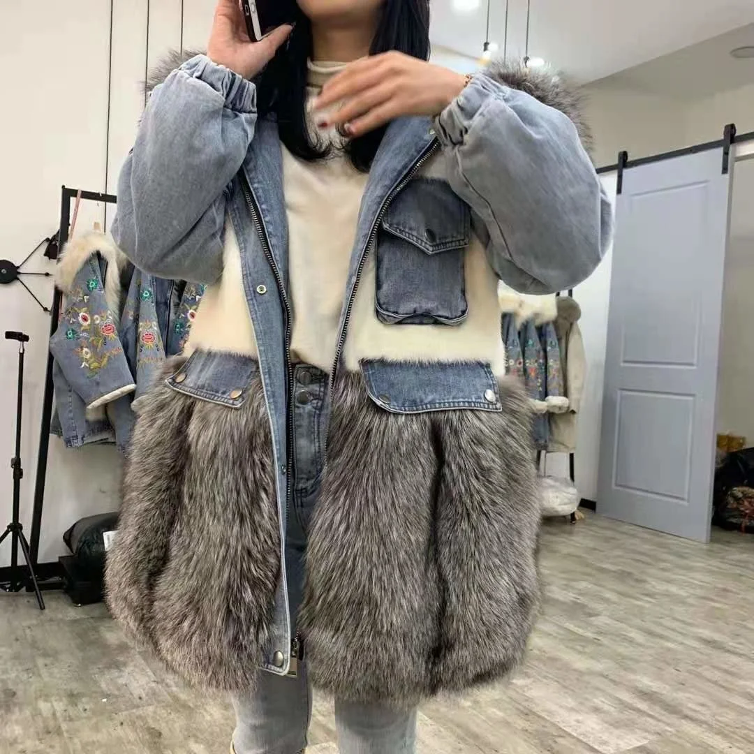 Куртка женская джинсовая с капюшоном парка из натурального Меха чернобурки в