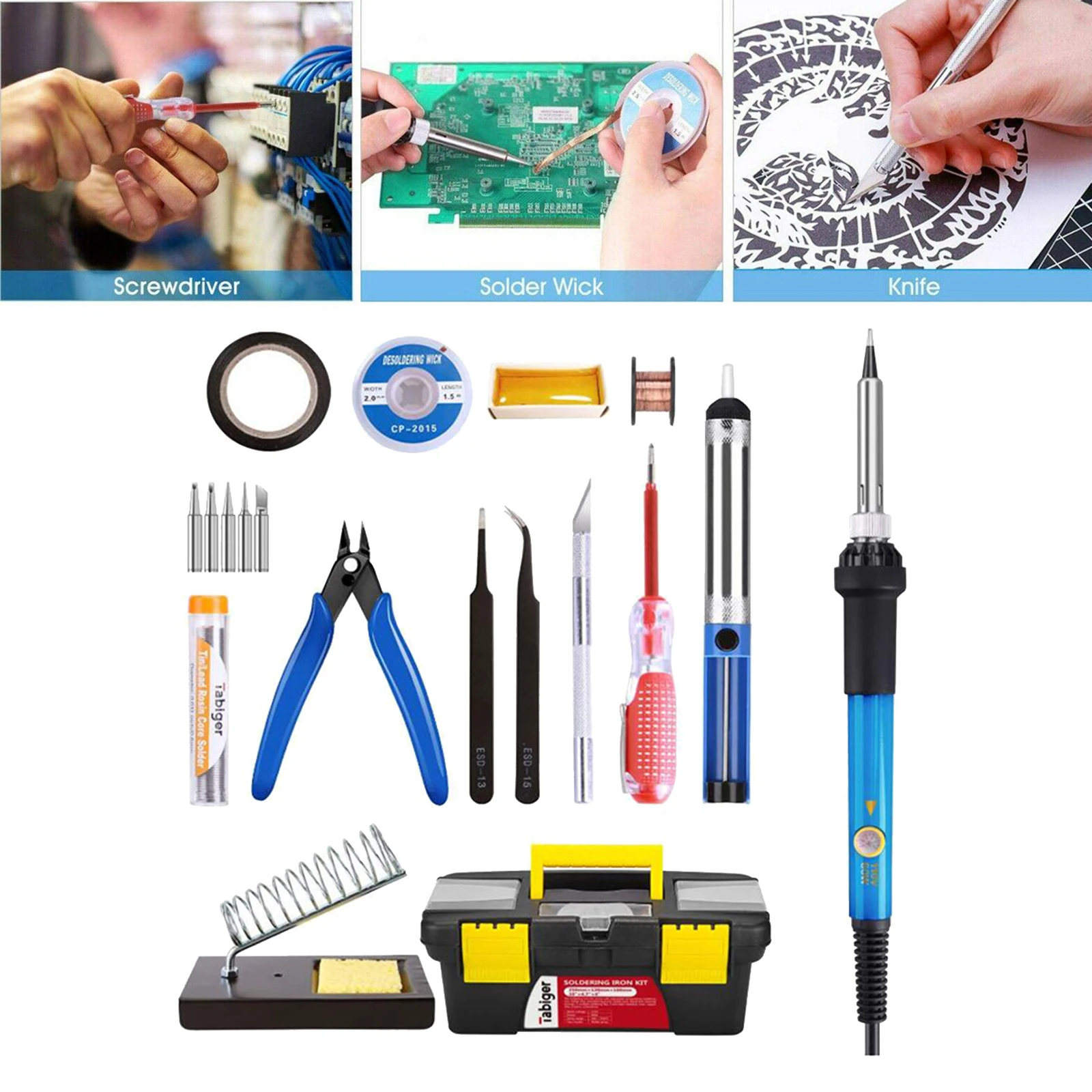 

60W Soldering Iron Kit Adjustable Temperature 5pcs Soldering Tips Tweezers