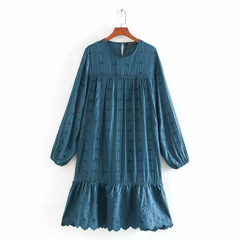 Платье с вышивкой весна 2020 новая мода открытые длинный рукав до середины икры