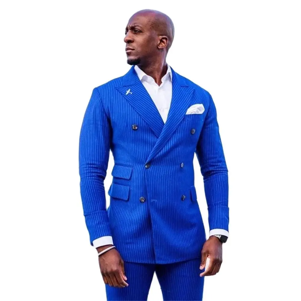 

New Arrival High-Quality Customized Double-Breasted Blue Vertical Stripes Peak Lapel Men's Suit Tuxedo Slim 2 Pc(Jacket + Pants)