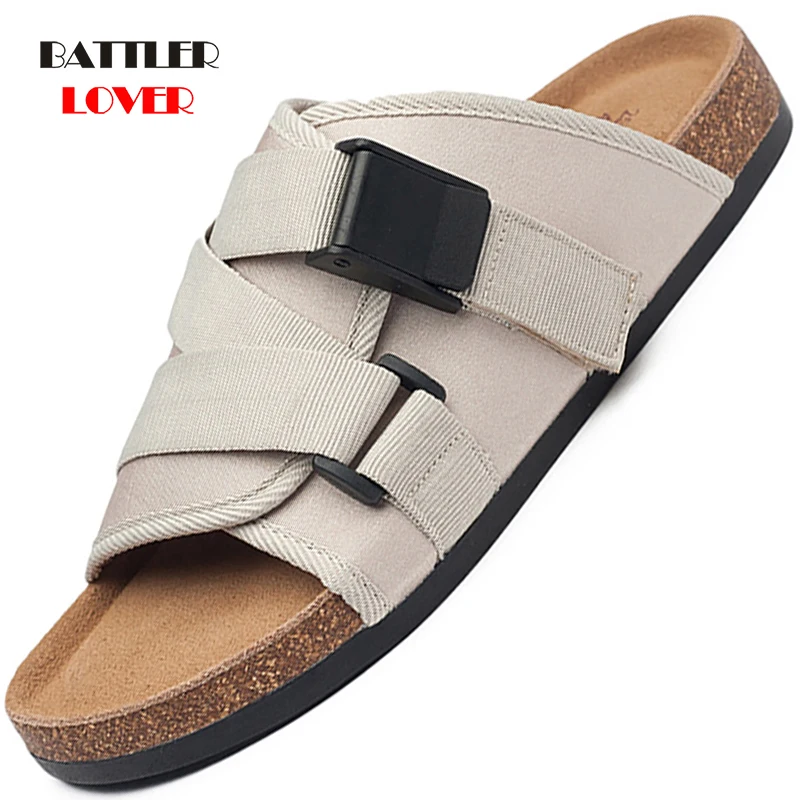 

2021 Fashion Men Beach Cork Slippers Summer Hook Loop Non-slip Outside EVA Leather Slide Shoes Male High Quality Punk Footwear