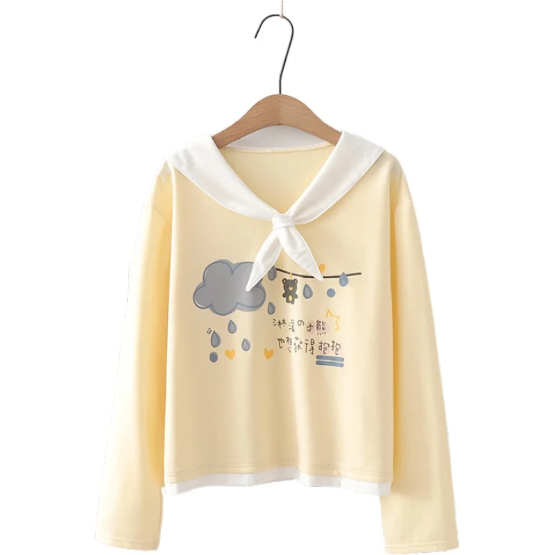

Women Sweatshirts Cartoon Print Sailor Collar Harakuju Hoodies 2021 Autumn Long Sleeve Cotton Pullover Korean Girl Tracksuits