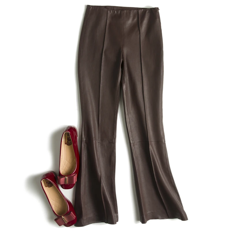 

JCHB 2021 High Quality 100% Sheepskin Leather Pants Women Korean Flare Pants Spring Autumn Women's Trousers Femme Pantalon Pph2