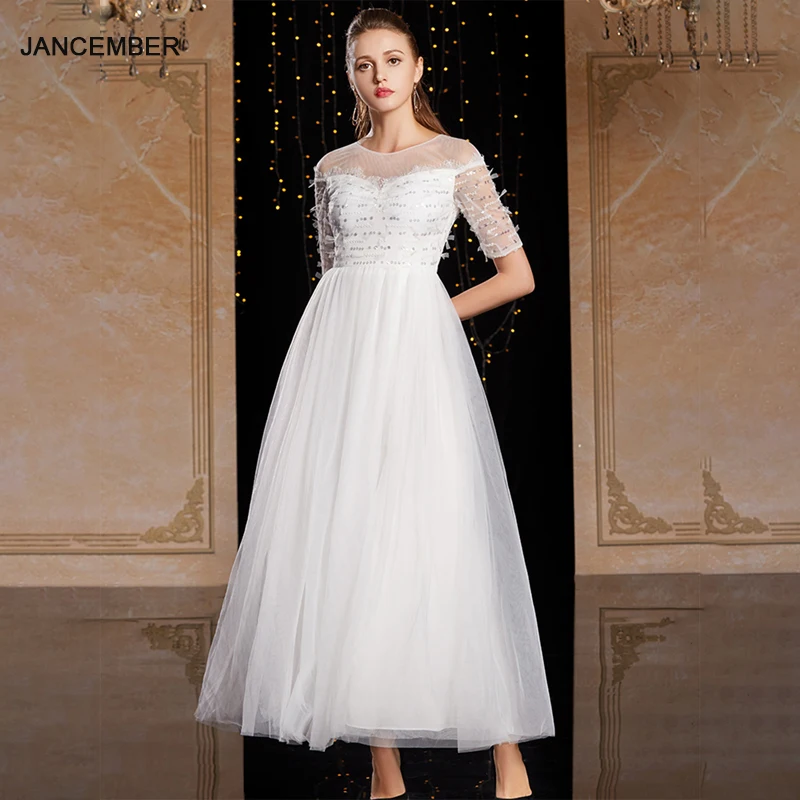 Jancamber белые вечерние платья 2020 Ever Pretty Формальные с круглым вырезом и блестками