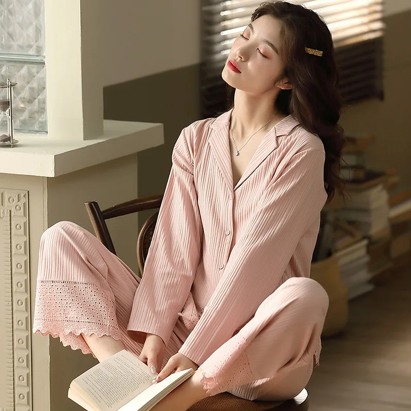 

Women Sleepwear Pyjama Set Comfy Summer Women's Pajamas Turn-down Collar Long Sleeve Trousers Pajamas Suit Little Hole Cool