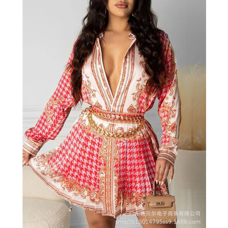 

WEPBEL Women's Print Skirt Set Ladies Elegant Single Breasted Shirt Top + Plaid Pleated Skirt Two Piece Set Outfits