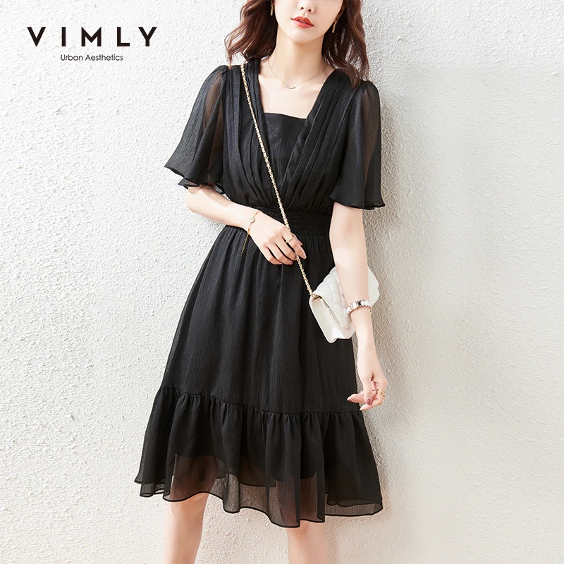 

Vimly Temperament Square Collar Dresses for Women Elastic High Waist 2021 Summer Design Sense Elegant Female Black Dress F7552