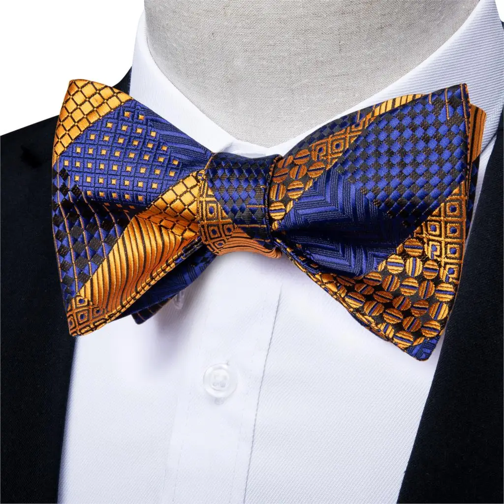 Мужской галстук бабочка Синий Золотой Полосатый самодельный для мужчин шелковый