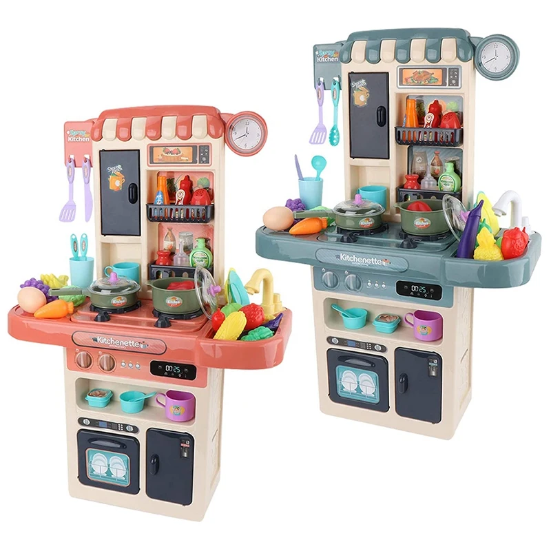 

44Pcs Kitchen Accessories Toys Childs Play Kitchens with Realistic Lights Sound Running Water Multifunctional Toy Set